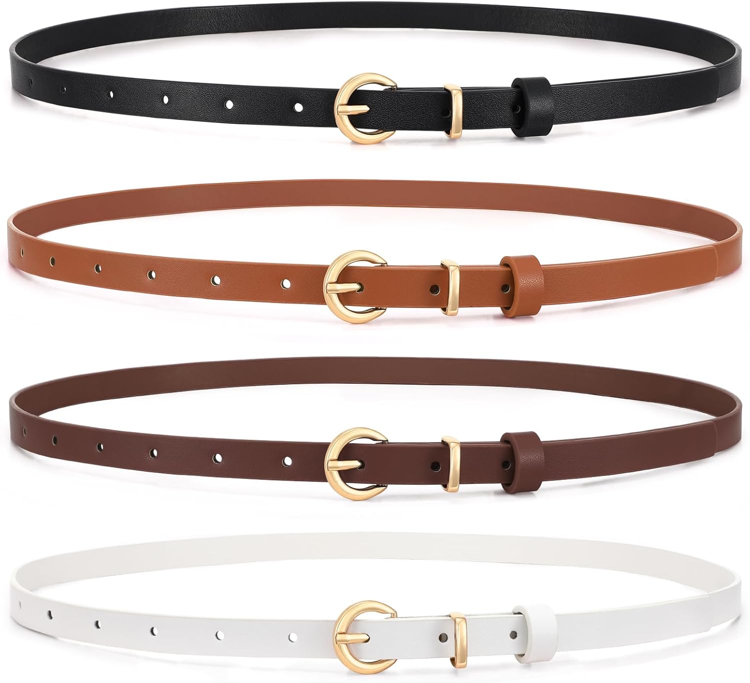 WHIPPY Set of 4 Women Skinny Leather Belt Thin Waist Belt with Metal Buckle for Pants Jeans Dresses