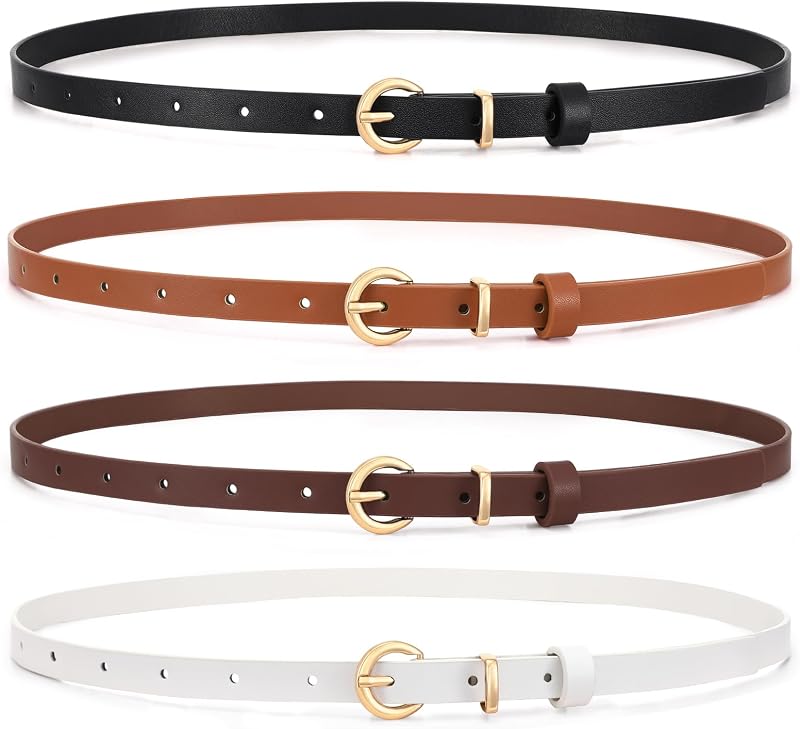 WHIPPY Set of 4 Women Skinny Leather Belt Thin Waist Belt with Metal Buckle for Pants Jeans Dresses