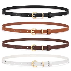 WHIPPY Set of 4 Women Skinny Leather Belt Thin Waist Belt with Metal Buckle for Pants Jeans Dresses