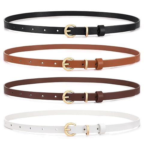 WHIPPY Set of 4 Women Skinny Leather Belt Thin Waist Belt with Metal Buckle for Pants Jeans Dresses