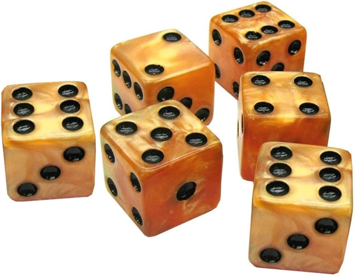 Set of (6) 16mm D6 Dice Marbleized Standard Squared Corners ... Plus Black Velvet Cloth Pouch Bag (Gold)