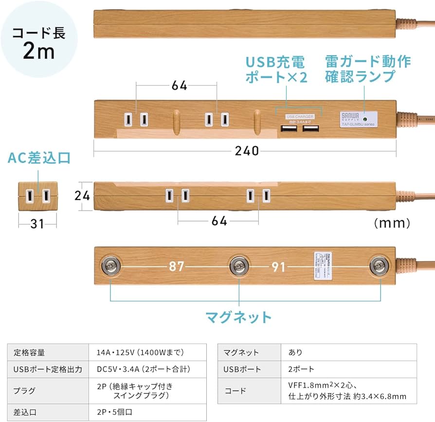 Amazon.co.jp: サンワダイレクト 電源タップ USB付き マグネット 雷
