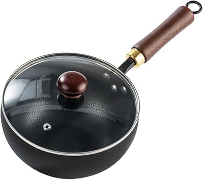 Mini Carbon Steel Wok Pan with Lid, Nonstick Stir Fry Pan, Hammered Texture, Wooden Handle, Cooking Skillet for Asian Cuisine,20cm/7.9in