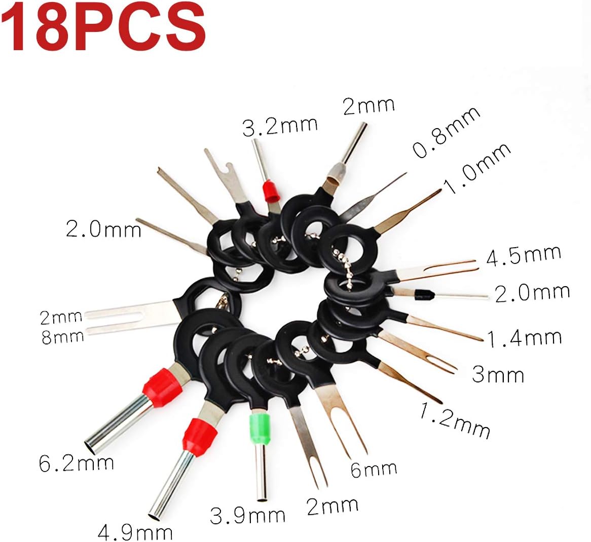 7E TRADING 18Pcs Set 0.8-8mm Auto Terminals Removal Tool Set, Terminal Removal Tool Car Electrical Wiring Crimp Connector Pin Extractor Kit Wiring Harness Terminal Removal Tools
