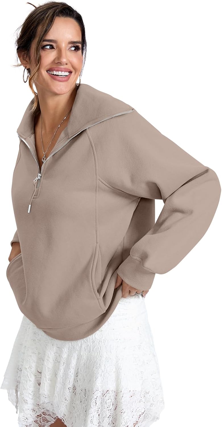 Womens Fleece Lined Sweatshirts Oversized Half Zip Pullover with Pocket Trendy Long Sleeve Tops Outfits Clothes - Image 4