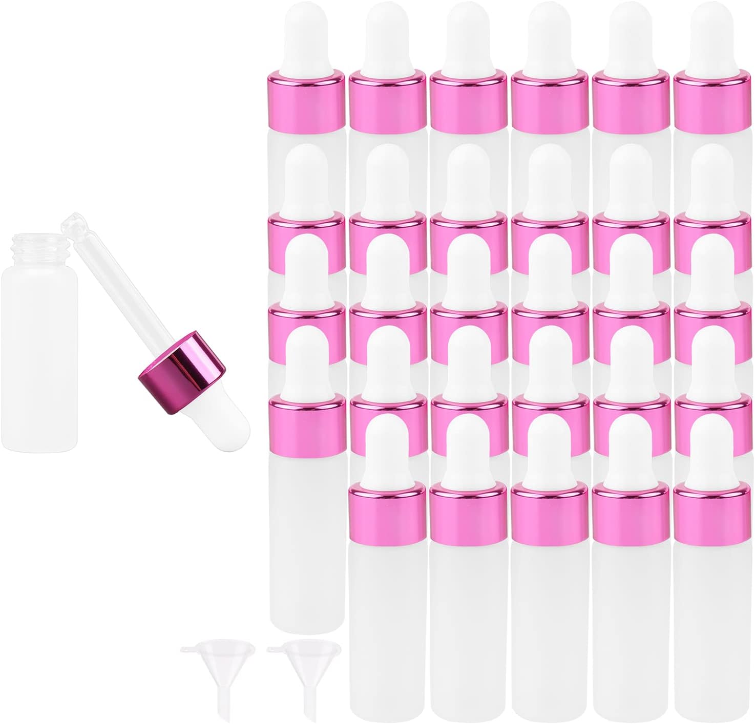 30Pcs 5ml Mini Glass Dropper Bottles Travel Oil Eye Sample Vials | 1/6 Oz Small Frosted Dropping Vials with Funnels Empty Leakproof Refillable Portable for Essential Oils Perfume, Purple Cap