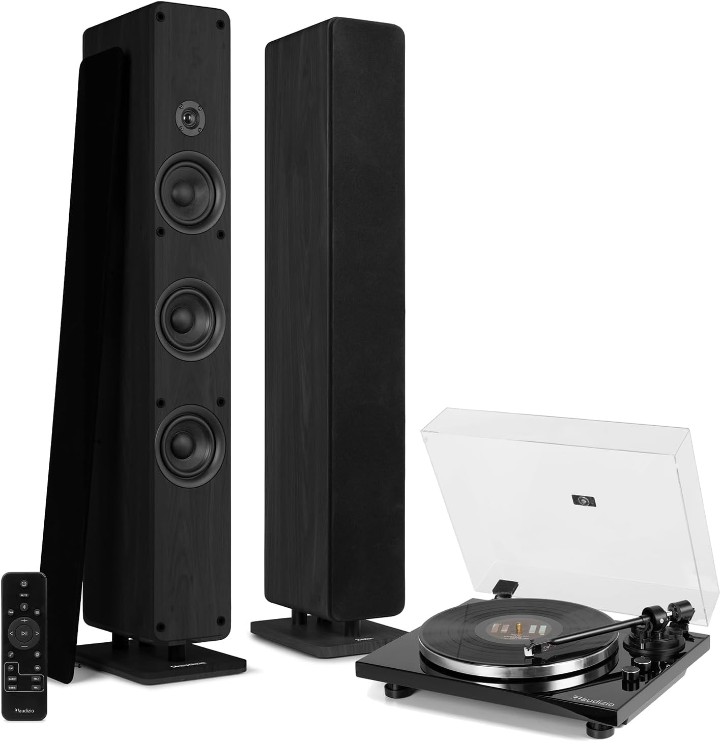 – Wireless Vinyl Record Player with Active Floor Standing HiFi Tower Speakers – Turntable Stereo System, Bluetooth, USB, Optical, 320W, Black