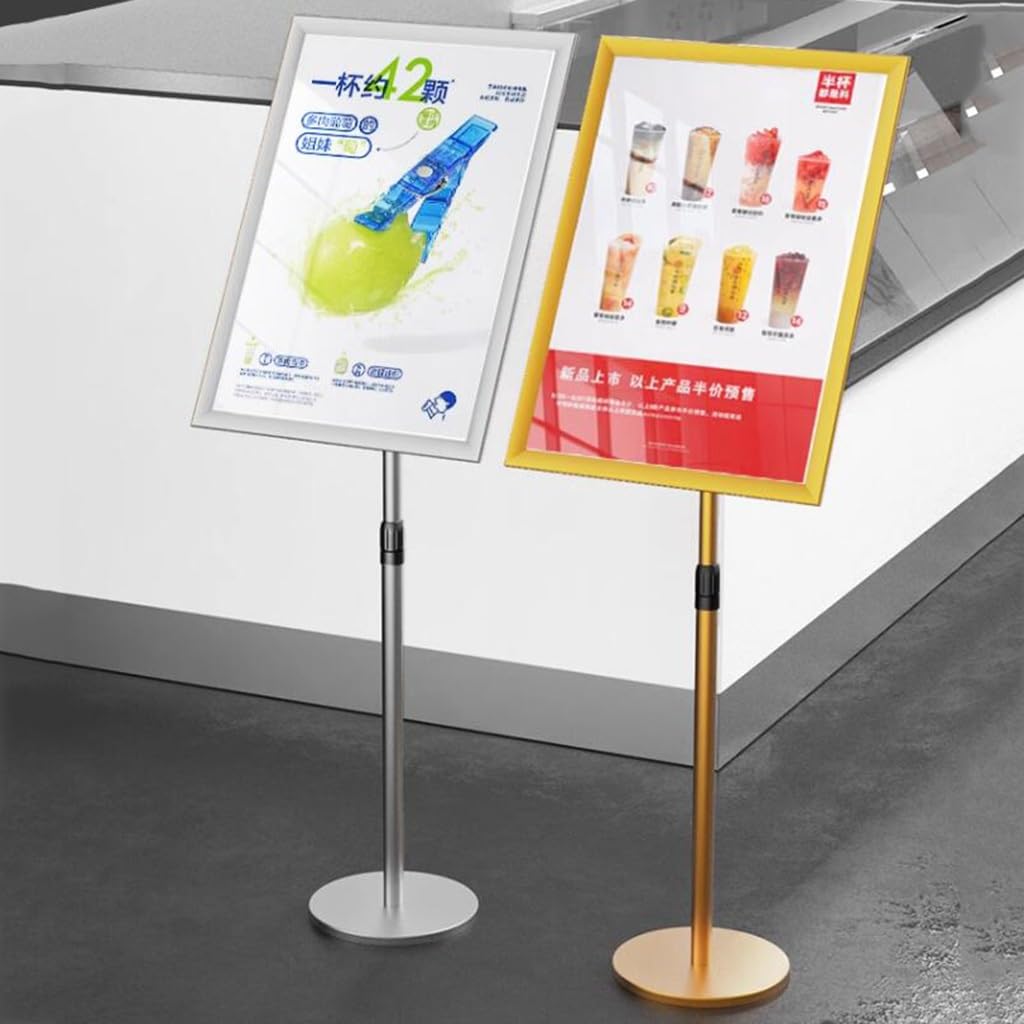 Soporte para letreros con Pedestal Ajustable Plateado - Expositor de menús A2 Resistente con Base Redonda para Bodas y promociones comerciales, avisos y anuncios.