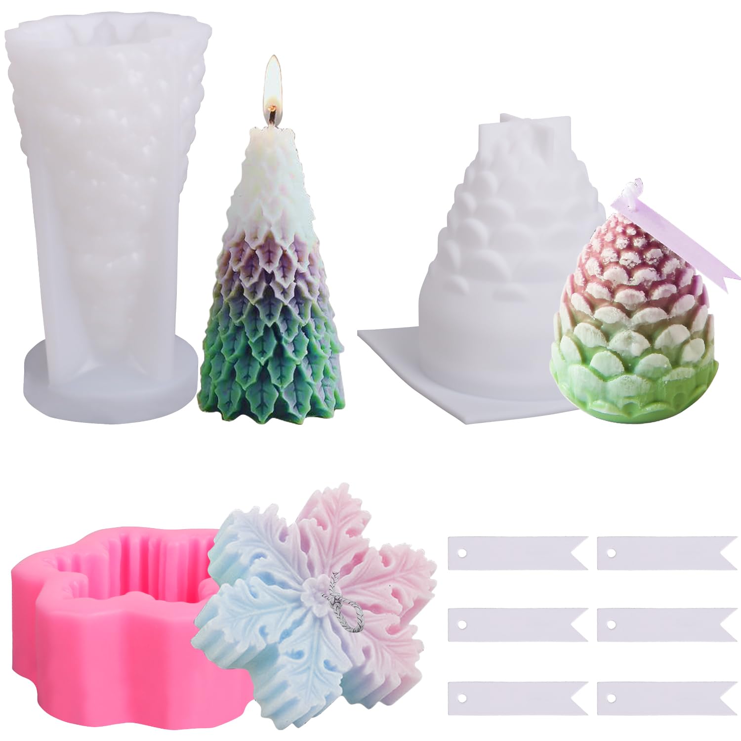 Ezydka Christmas Silicone Candle Moulds 3PCS - Tree and Xmas Shapes for Party and Holiday Candle Making, White