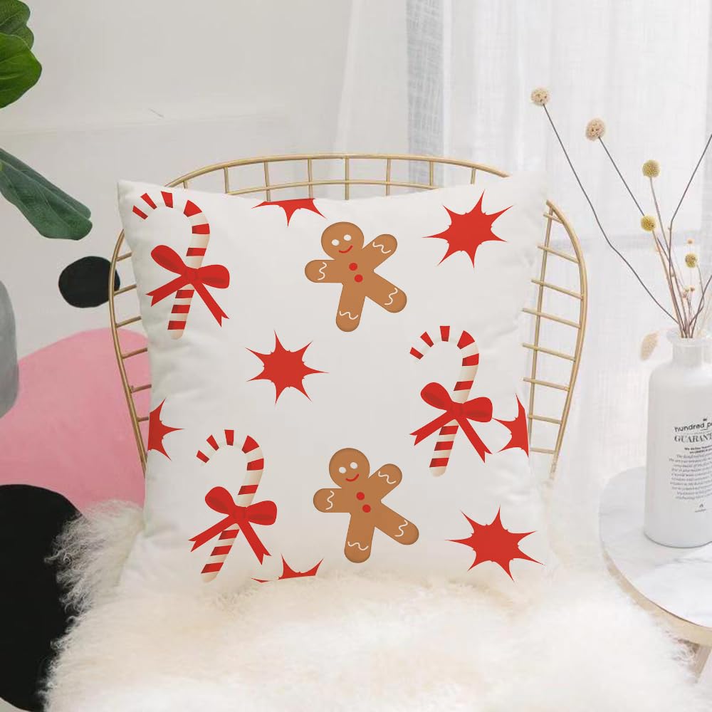HYOSXW Cushion Cover,Throw Pillow Case Home Decorative for Living Room Bedroom Sofa Chair 16X16 Inch,Gingerbread Man,Candy Cane with Bowties Red Star Figures Gingerbread Man Pa,Pillowcase 40X40cm