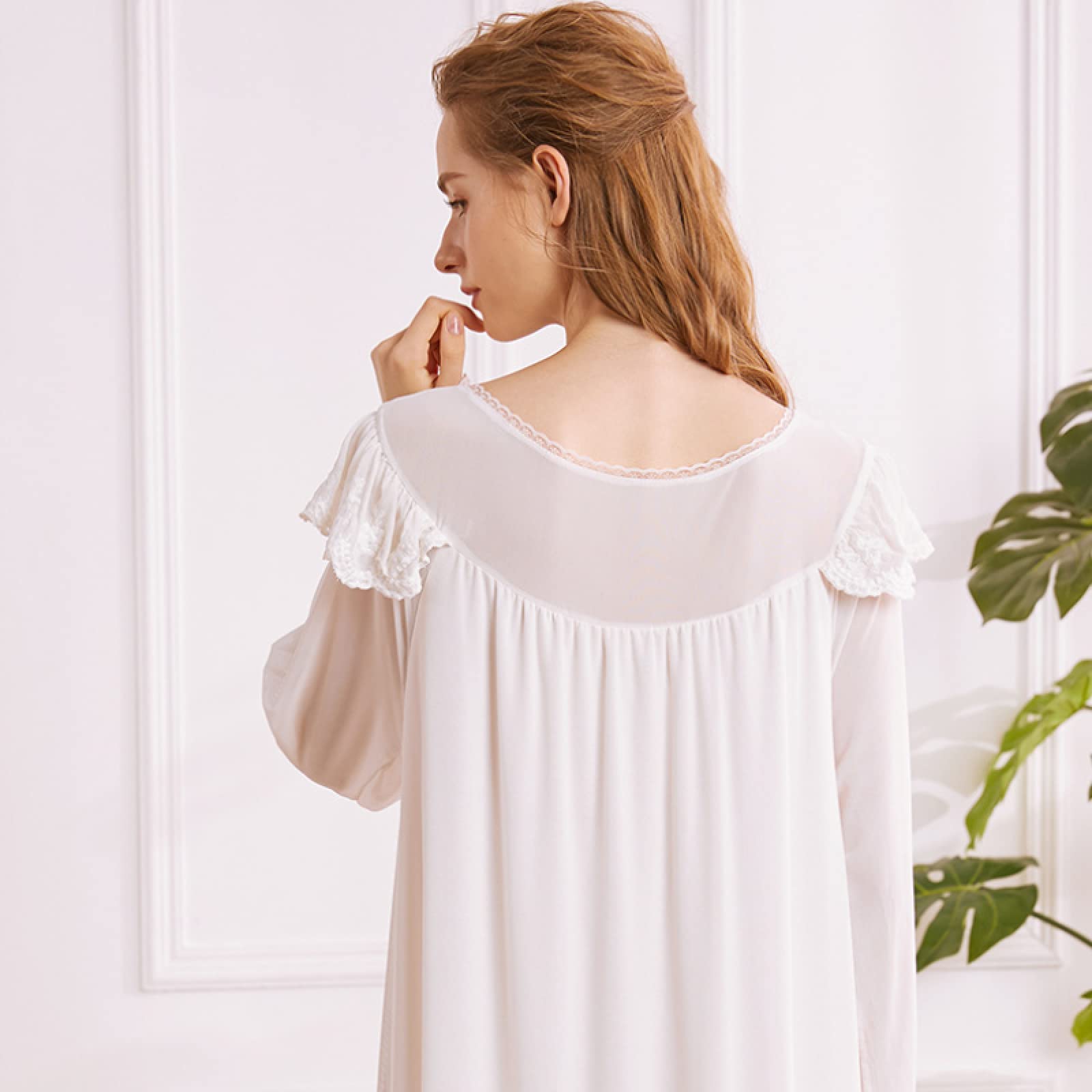 OFFSUM Camisón De Pijama De Mujer - Primavera Verano Camisón De Cuello Redondo Vestido De Malla De Encaje Blanco Elegante Princesa Vintage Ropa De Dormir Transpirable Lencería De Novia