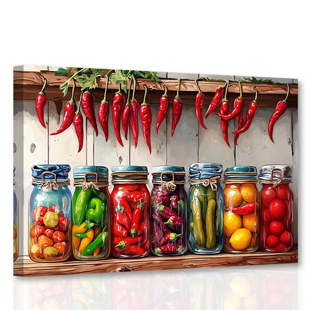 CXHOSTENT Colorful Kitchen Wall Art Vegetable Pictures Print Food Canvas Art Mason Jar Poster Vintage Country Kitchen Dining Room Decor Framed (70L x 105W cm)