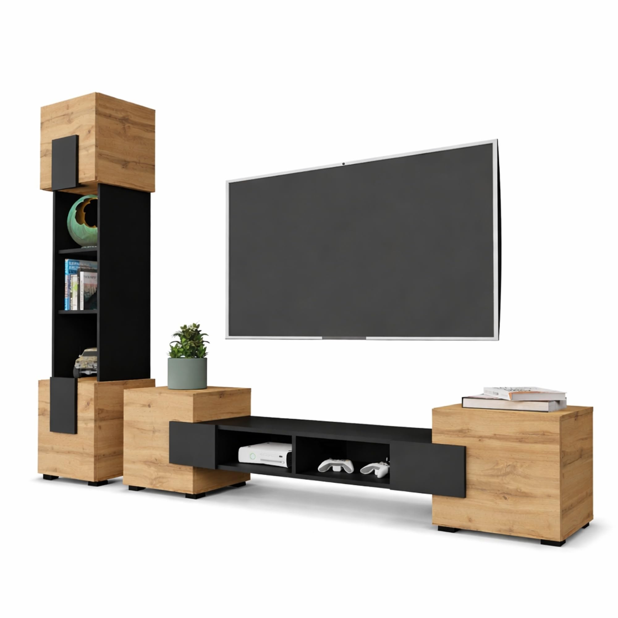Komodee Wohnwand TV Torino Schwarz/Wotan 220x172x35 cm
