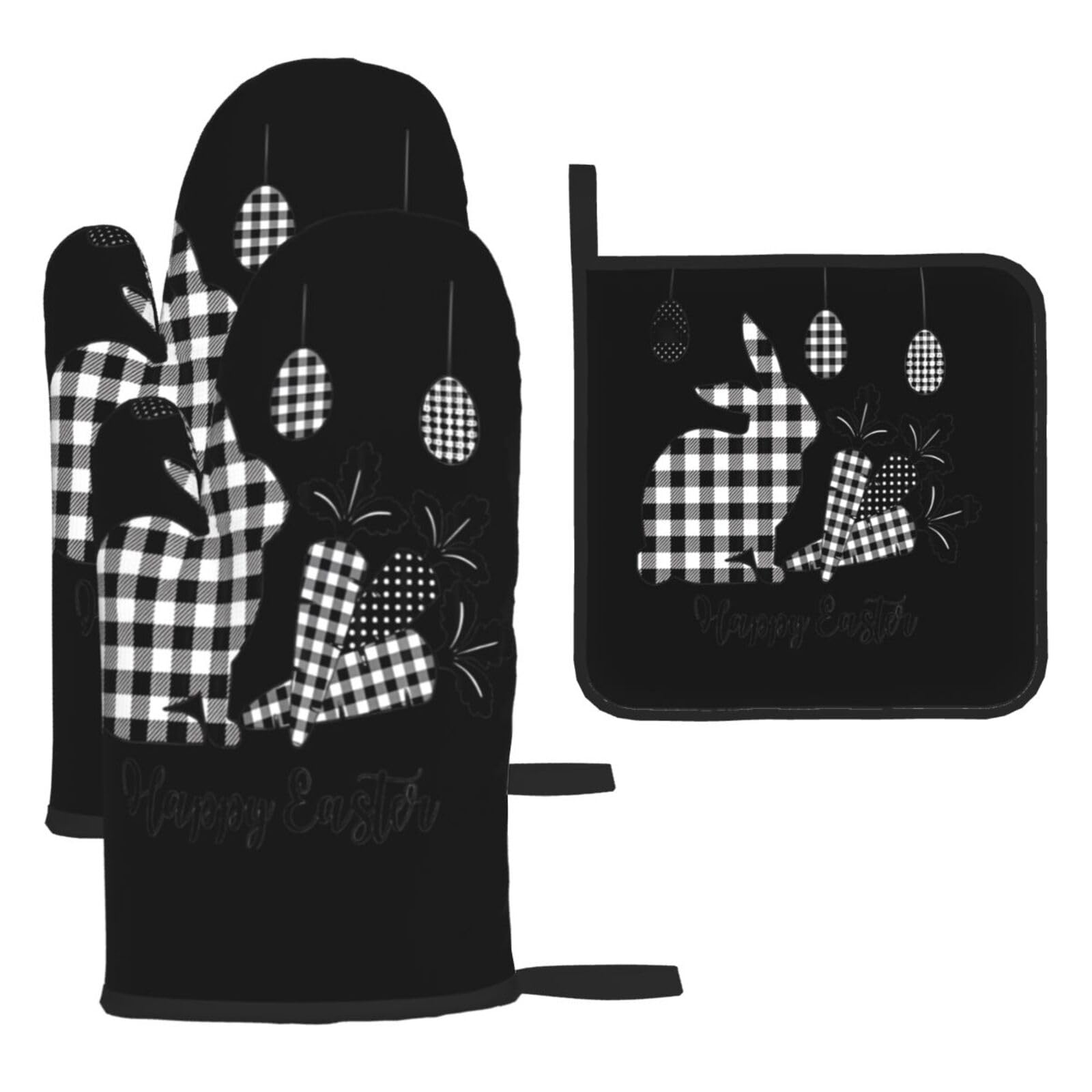 Happy Easter 3 Piece Kitchen Oven Mitt Set Heat Resistant Gloves with Pot Holder Mat Polyester Printed for Cooking Baking BBQ Grill