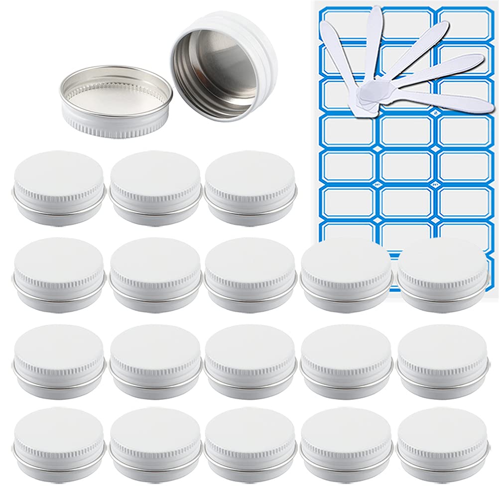 100 Pezzi Barattoli di alluminio 15ml a Vite Bianca Scatola in Alluminio Forma Rotondo, Vasetti per DIY Candele Cosmetico Caramella Gadget Balsamo Labbra, 4x Etichette e 10x Spatola