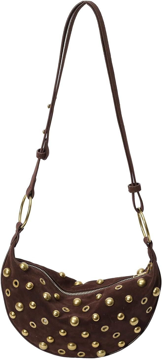 Studded Purse Trendy Studded Handbag Hobo Crescent Bags Y2K Shoulder Bag Suede Purs...