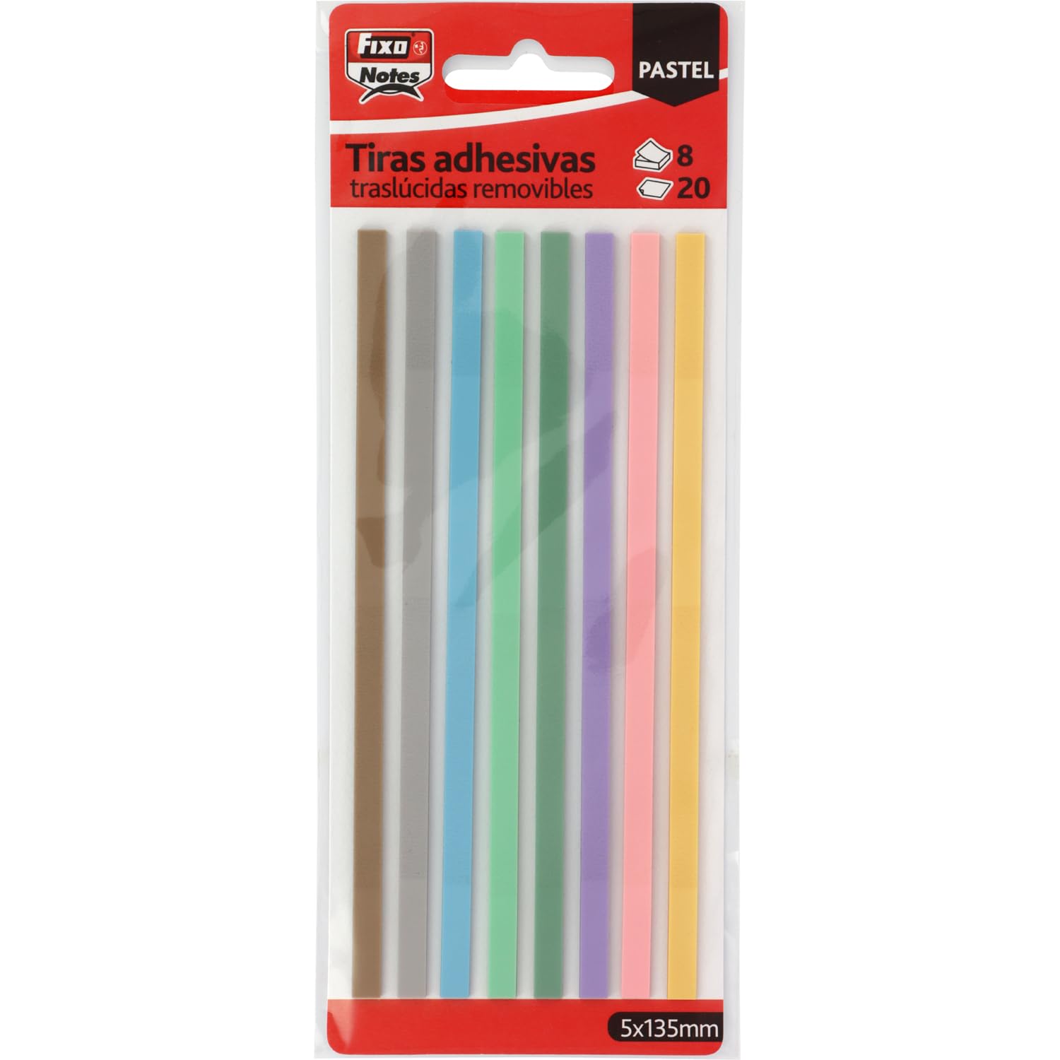 Fixo Notes | Tiras Adhesivas para Subrayar | 8 Colores Pastel | 20 Tiras por Color | 5x135mm | Plástico Traslúcido | Reposicionable | Perfectas para Subrayar y Marcar Páginas