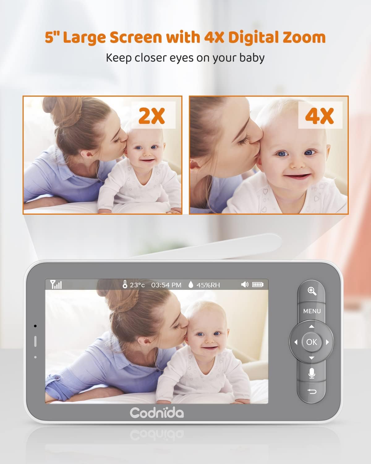 Parent unit display showing 2X and 4X digital zoom on a baby