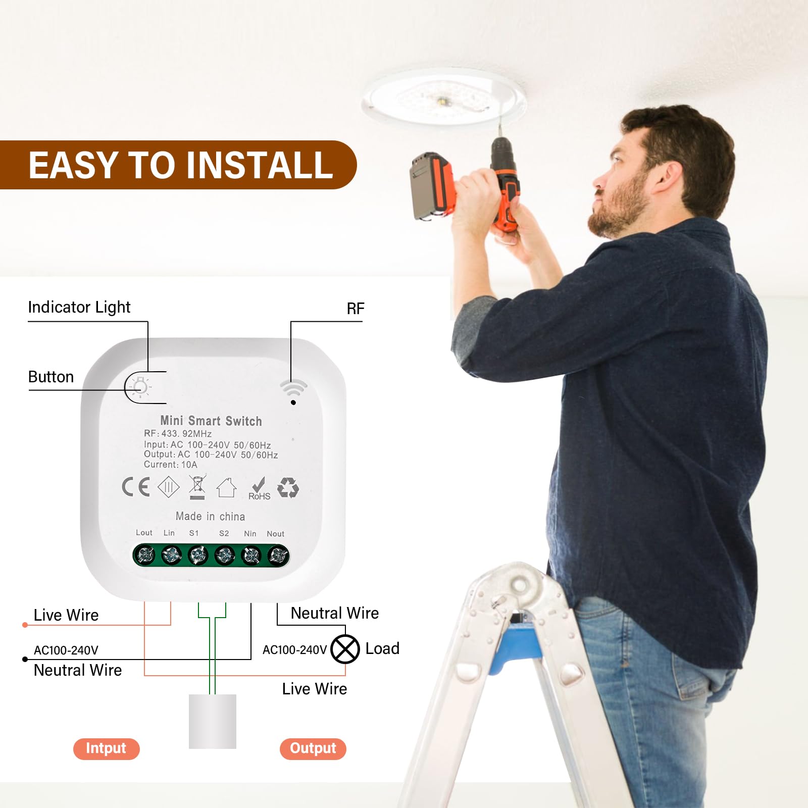 Interruttore Wireless Senza Fili VIVIS - Controllo Luci Senza Batterie, Facile Installazione - Kit 1 A 1 - Foto 2