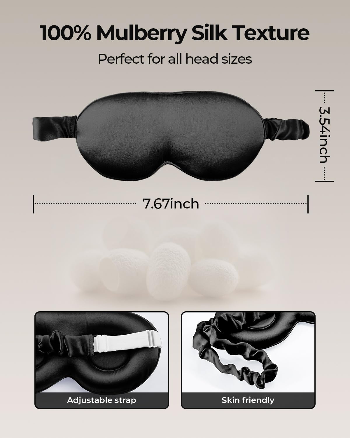 100% Pure Mulberry Silk Sleep Mask, 3D Contoured Cup Eye Mask for Sleeping, 22 Momme Super Soft Breathable Blindfold, Adjustable Blackout Travel Silk Eye Cover Black - Image 5