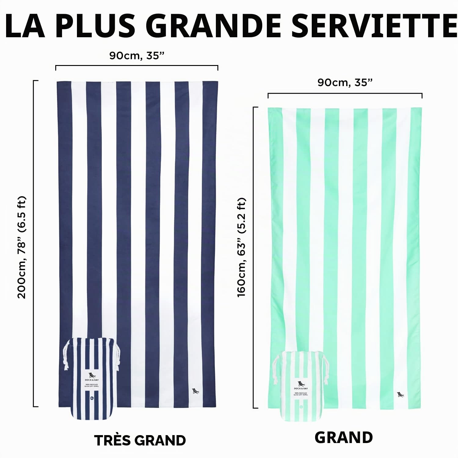 Dock & Bay Serviette de plage - Sechage rapide, sans sable - Compacte, Legere - 100% Recyclee - Contient un sac - Cabana Light - Malibu Pink - Extra Large (200x90cm, 78x35")