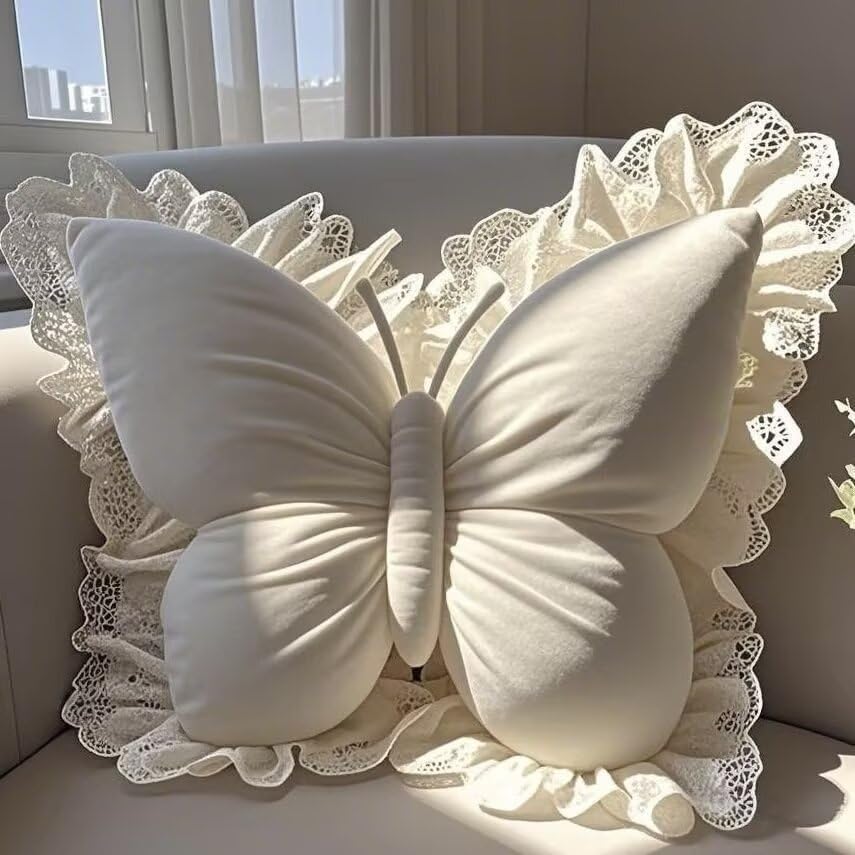 Almohada Algodón 45x45 cm con Diseño Mariposa y Encaje miniatura 2
