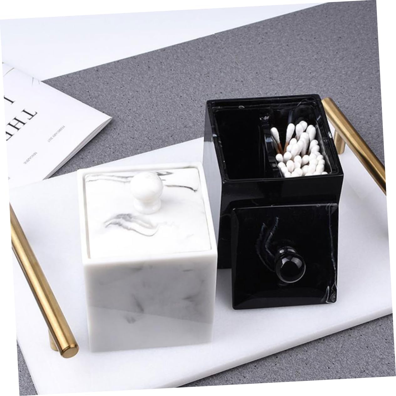 PRETYZOOM 2pcs Double Grids Marble Cotton Swab Organizer Lid Elegant Resin Makeup for Home Storage Modern Design for and Swabs Space-saving Essential Black