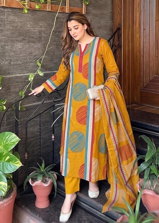 Image of ANNI Designer Cotton Blend Printed Straight Kurta with Pant and Dupatta for Women | Cotton Blend Mustard | Full Sleeve | Round Neck V-Slit | Ethnic Wear Casual Wear