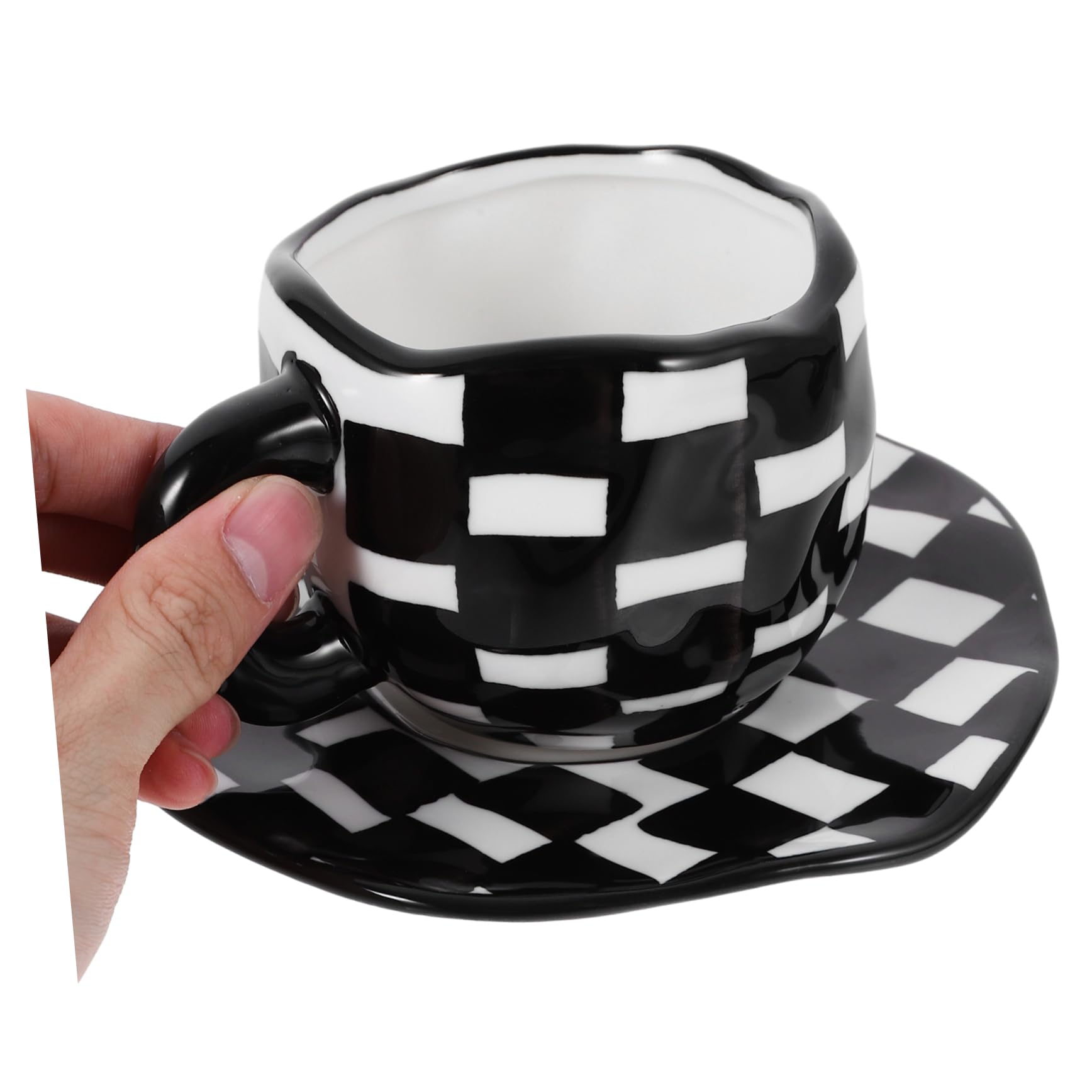 Schwarzes Keramik Kaffeebecher und Untertassenset mit Karomuster Robust mit Glatten Kanten für Büro und Dessertshops