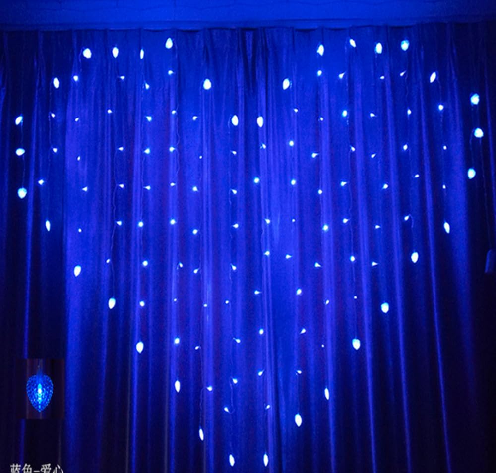 LED Rideau Lumière, 2m x 1.5m 128LED Éclairage de Rideau de Papillon de Coeur avec Batterie de Télécommande (Heart, Bleu)