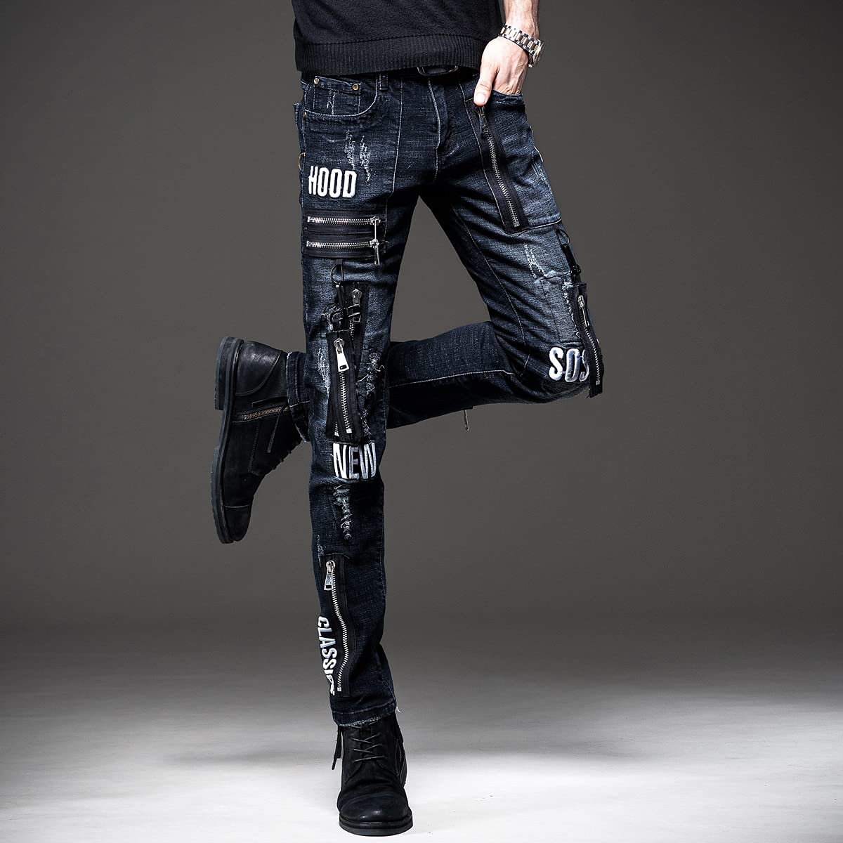 WQZYY&ASDCD Jeans Pantalon Fashion Jeans Zerrissene Biker Jeans Style Herren Hosenjeans