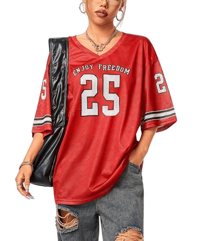 La mejor comparación de Ropa de Balonmano americano del mes. 49 SOLY HUX - Camisetas de jersey de gran tamaño para mujer, playera de jersey con cuello en V, para adolescentes y niñas, playera casual de fútbol, Rojo 25, Small