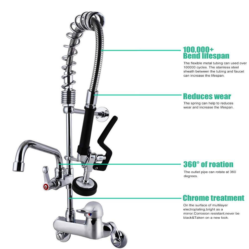 Gastro Wasserhahn Gastronomie Küchenarmatur I 4-8zoll Zweiloch Wandmontage I Singlegriff Schalten | Gastro Handbrause mit Zubehör | 12 Zoll Schwenkauslauf | Gastro Küchenarmatur 47zoll Höhe