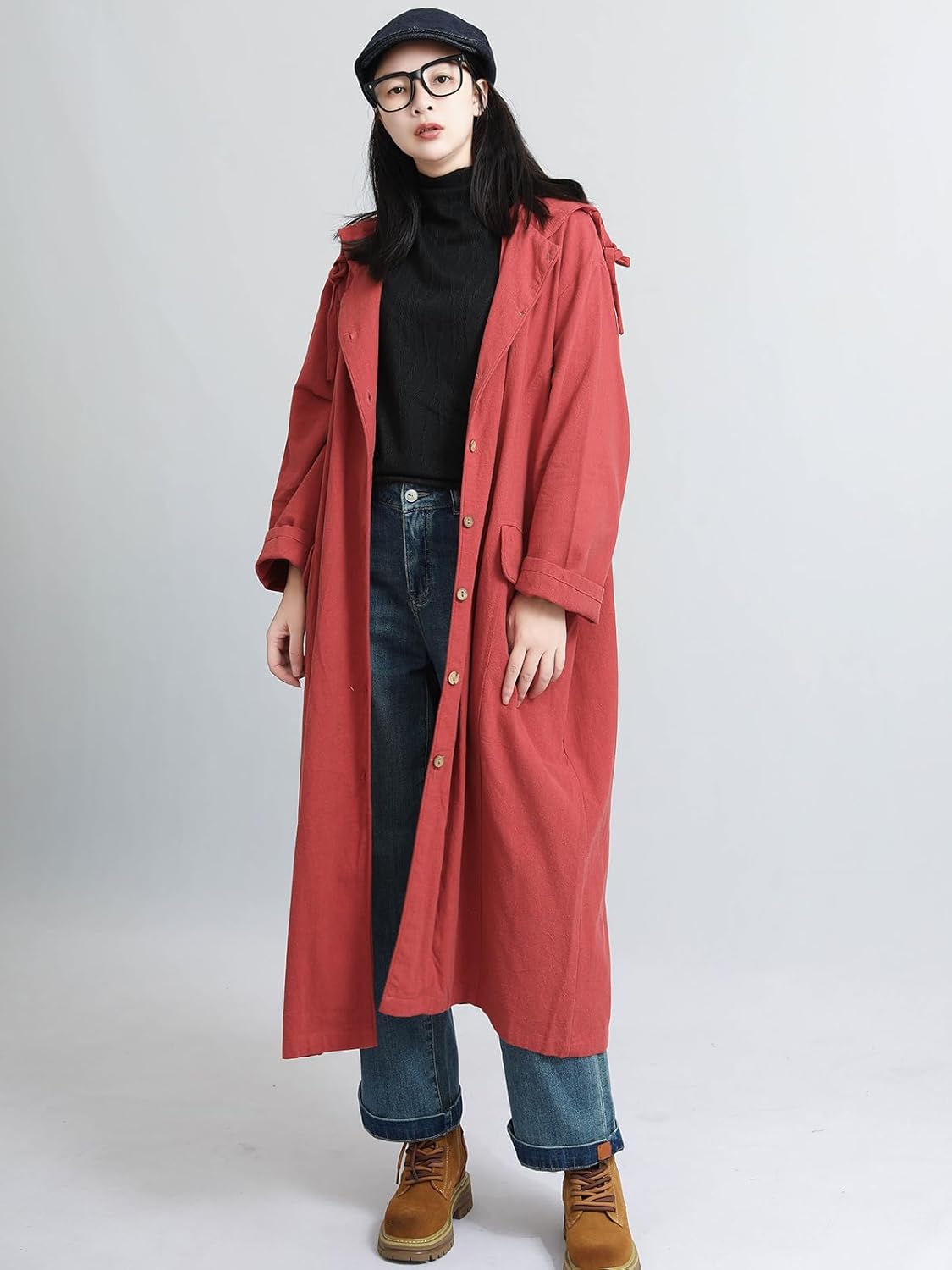 LZJN Women's 2025 Fall Hooded Trench Coat Cotton Blend Long Jacket Oversized Robe Plain Cloak with Pockets
