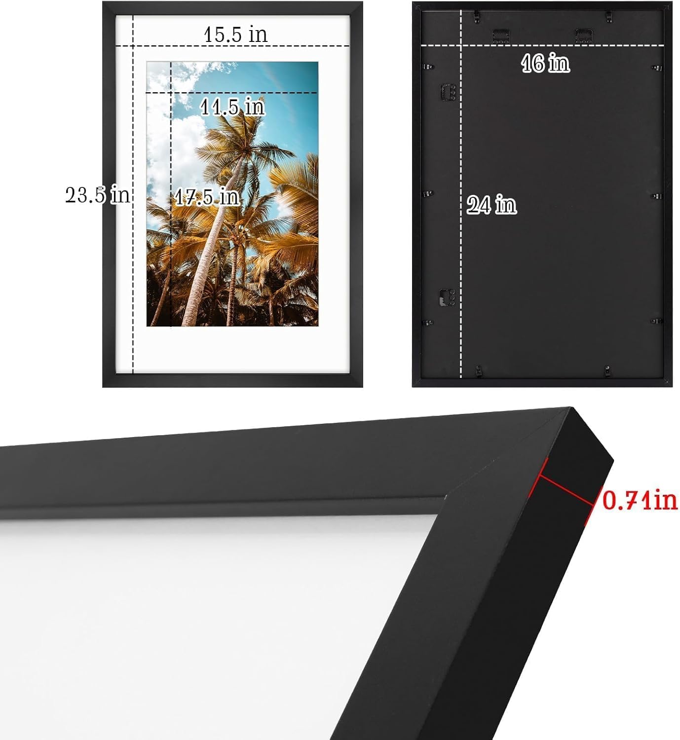 Frametory, 16x24 Picture Frame with Mat for 12x18 Picture - High Definition Glass Wide Molding - Preinstalled Wall Mounting Hardware (Black, 1 Pack)