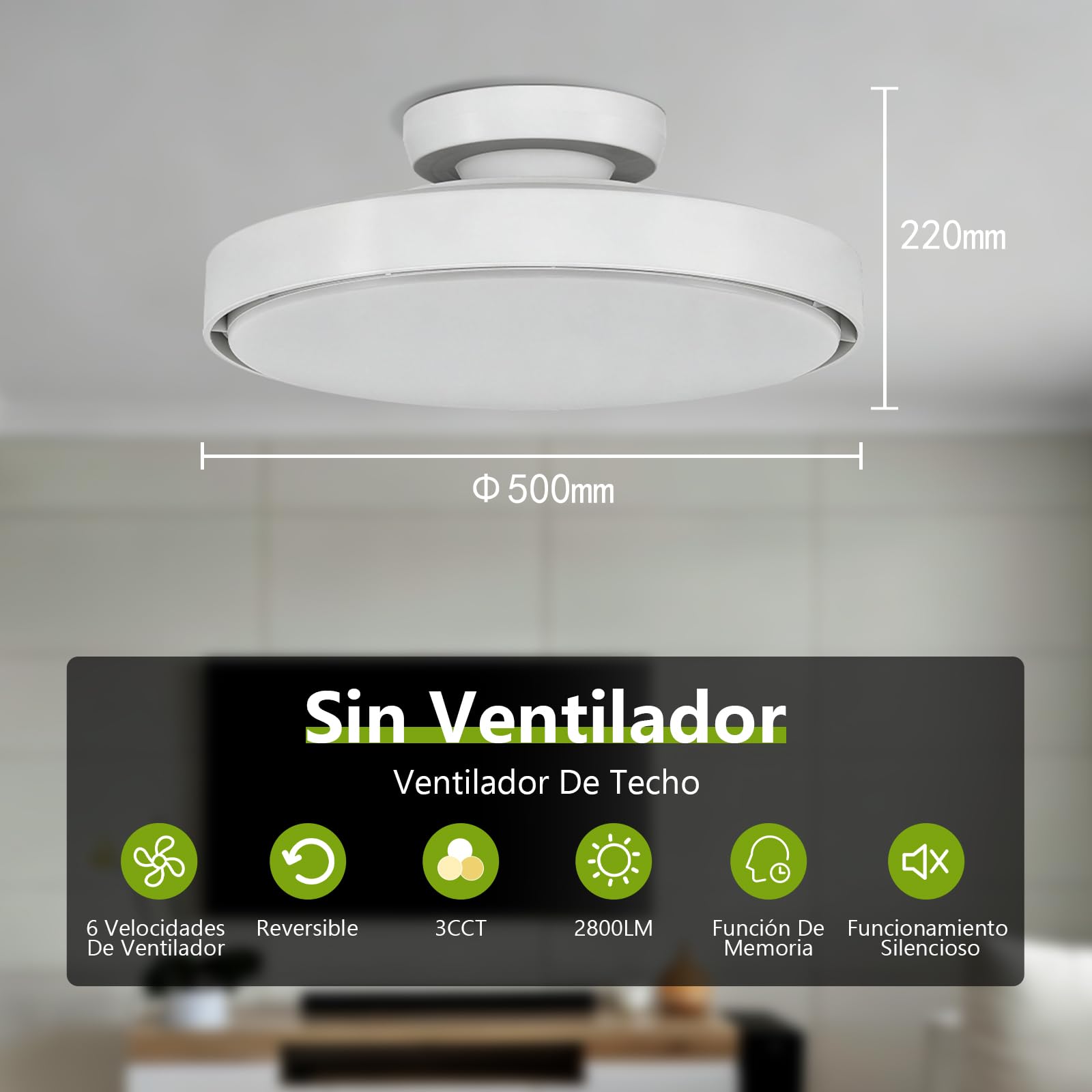 Silencioso Sin Aspas Ventilador de Techo 56W Motor DC 24W 3000K-6500K Regulable Temporizador Lámpara Ventilador de Techo y Mando a Distancia 6 Velocidades Temporizador Memoria