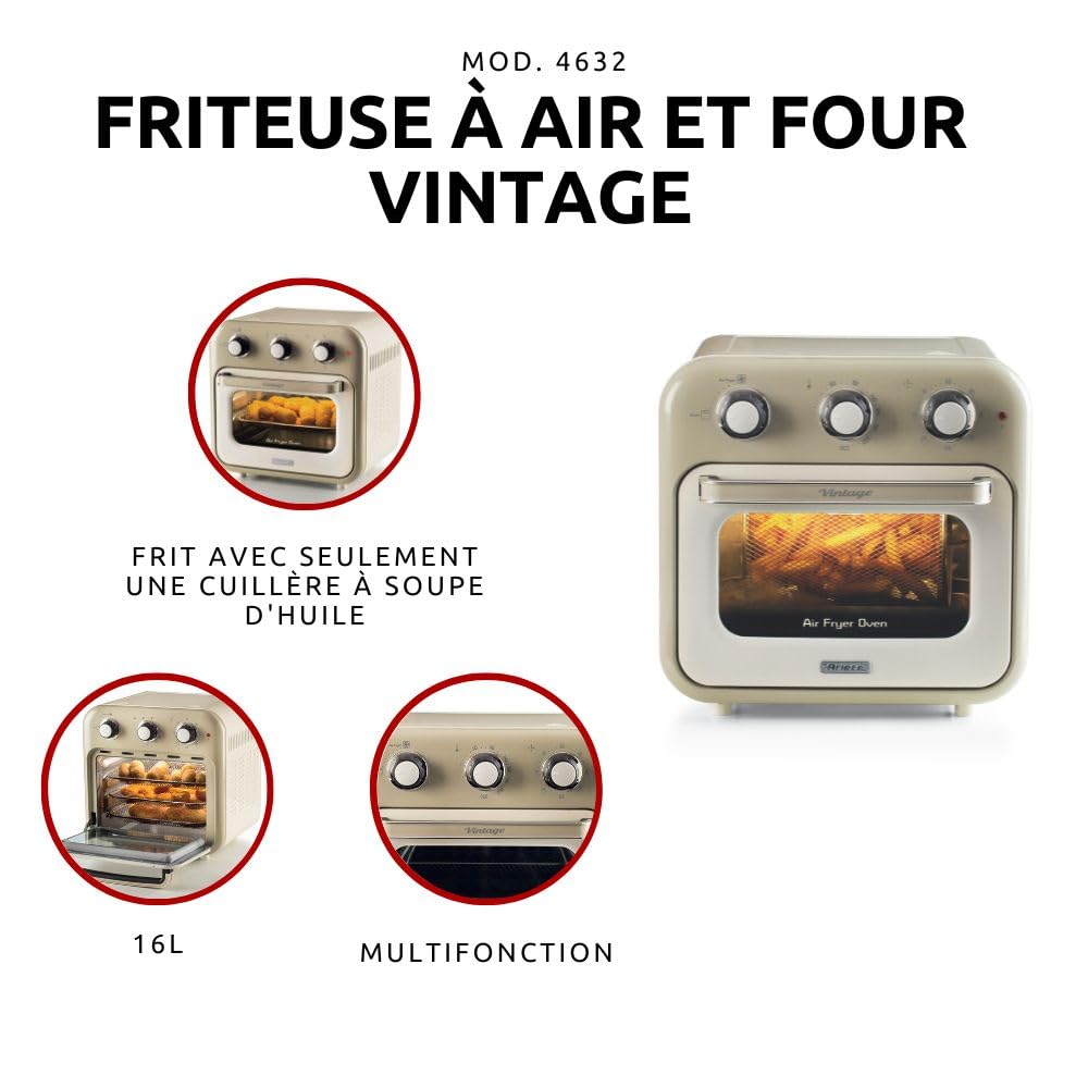 Ariete Vintage, 4632 Friteuse et Four 2en1, Capacité 16 L, Paniers et Rôtisserie en acier inoxydable, Température jusqu'à 230°, Minuterie 60 minutes, Double Verre, 1400W, Beige