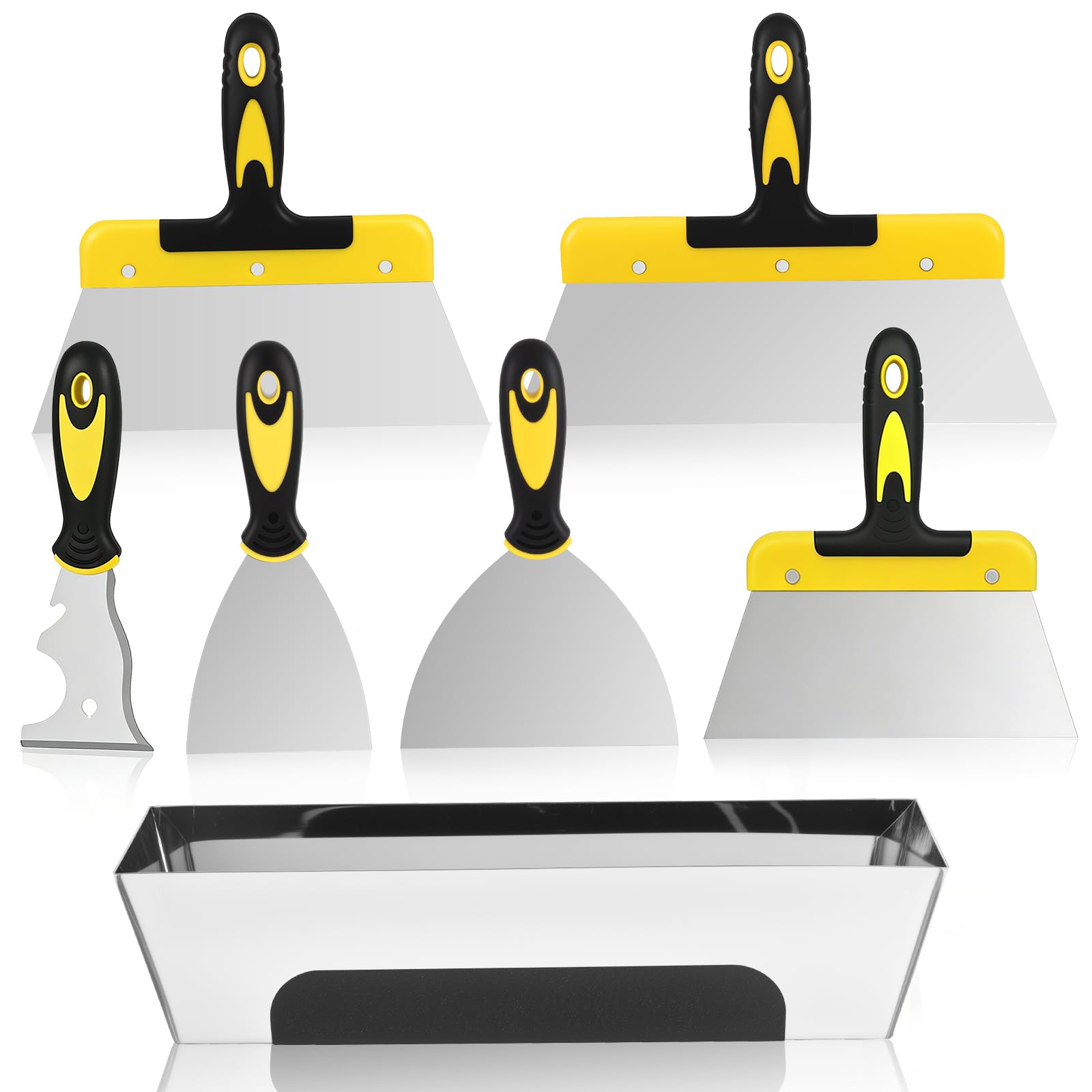 Wallpaper Scraper Set - 7 Pieces Stainless Steel Drywall Hand Tool Kit Includes Putty Knife, Taping Knife, and 12" Mud Pan with Soft Grip Handle for Drywall Work Decals Plastering Tools Set