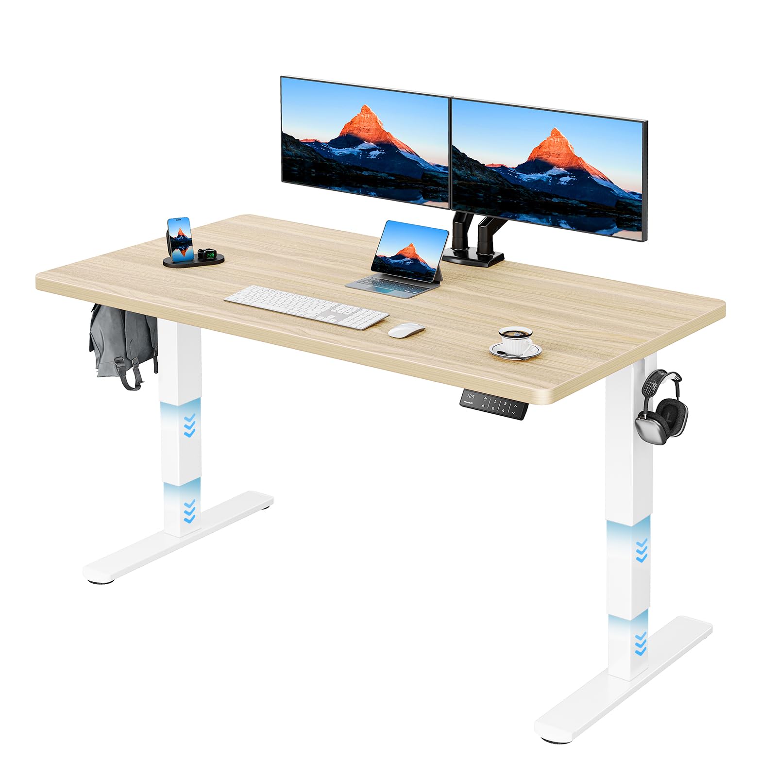 HUANUOOne-Piece Standing Desk 140x70cm, Sit to Stand Desk, Dual Motor Height Adjustable Desk with 3-Stage Legs, 120kg Load Capacity, for Home Office
