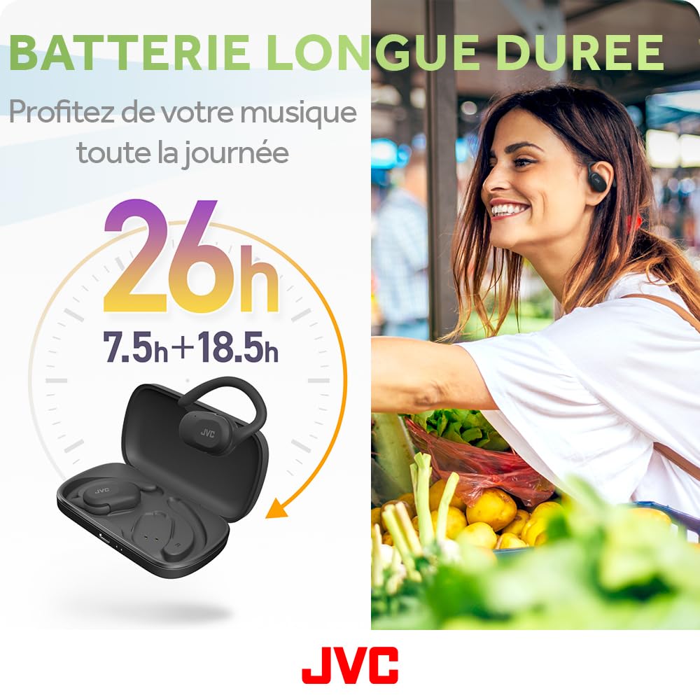 JVC Nearphones Oreilles Libres True Wireless avec Crochet pivotant, Driver néodyme 16mm, Bluetooth 5.4, Autonomie 26heures - HA-NP40T-B (Noir)