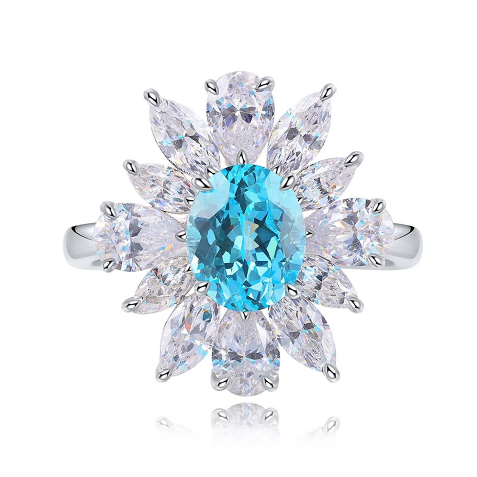 Anillo de compromiso de plata de ley para mujer, diseño de flor de moissanita y turmalina paraiba creada en laboratorio