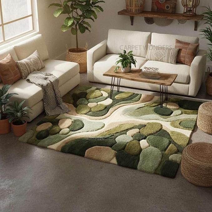 “Nature Touch Green Moss Carpet – Modern Living Room Elegance” Handmade Premium ZIKRACollection Woollen Rug Cut Pile Size 3X5 FT-image-37