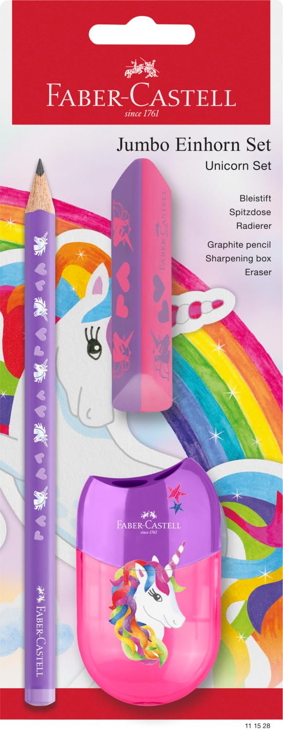 Faber-Castell 111528 - Set da scrittura Unicorno con matita jumbo, temperino e gomma, set scolastico per bambini