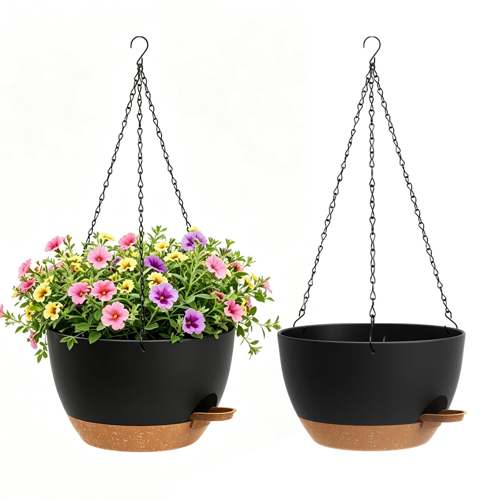 WSMKSZ 20 cm Small Self Watering Hanging Planters Indoor Outdoor, 2 Pack Plastic Hanging Plant Pots with Drainage Holes & Removable Reservoir, Hanging Baskets for Balcony Porch and Flower, Black Brown