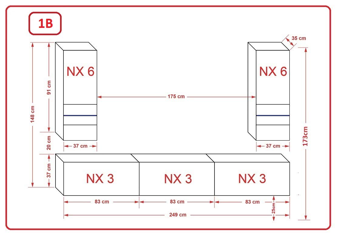 Furnitech Wohnwand Wohnzimmer - Hängend Wohnwand Modern - Wohnzimmer Schrankwand mit Regale und TV Schrank - Wohnzimmer Möbel ohne LED (Sezana AN21-18B-M1 1B MATT)