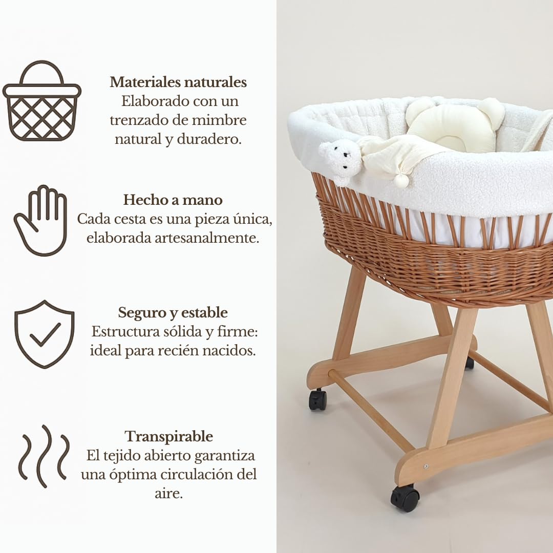 Wiklinopol Cuna Amelia – Moisés Tejido a Mano Natural con Soporte y colchón – Juego de Ropa de Cama Teddy de 5 Piezas Ecru – Moisés portátil con Ruedas – Ideal para recién Nacidos