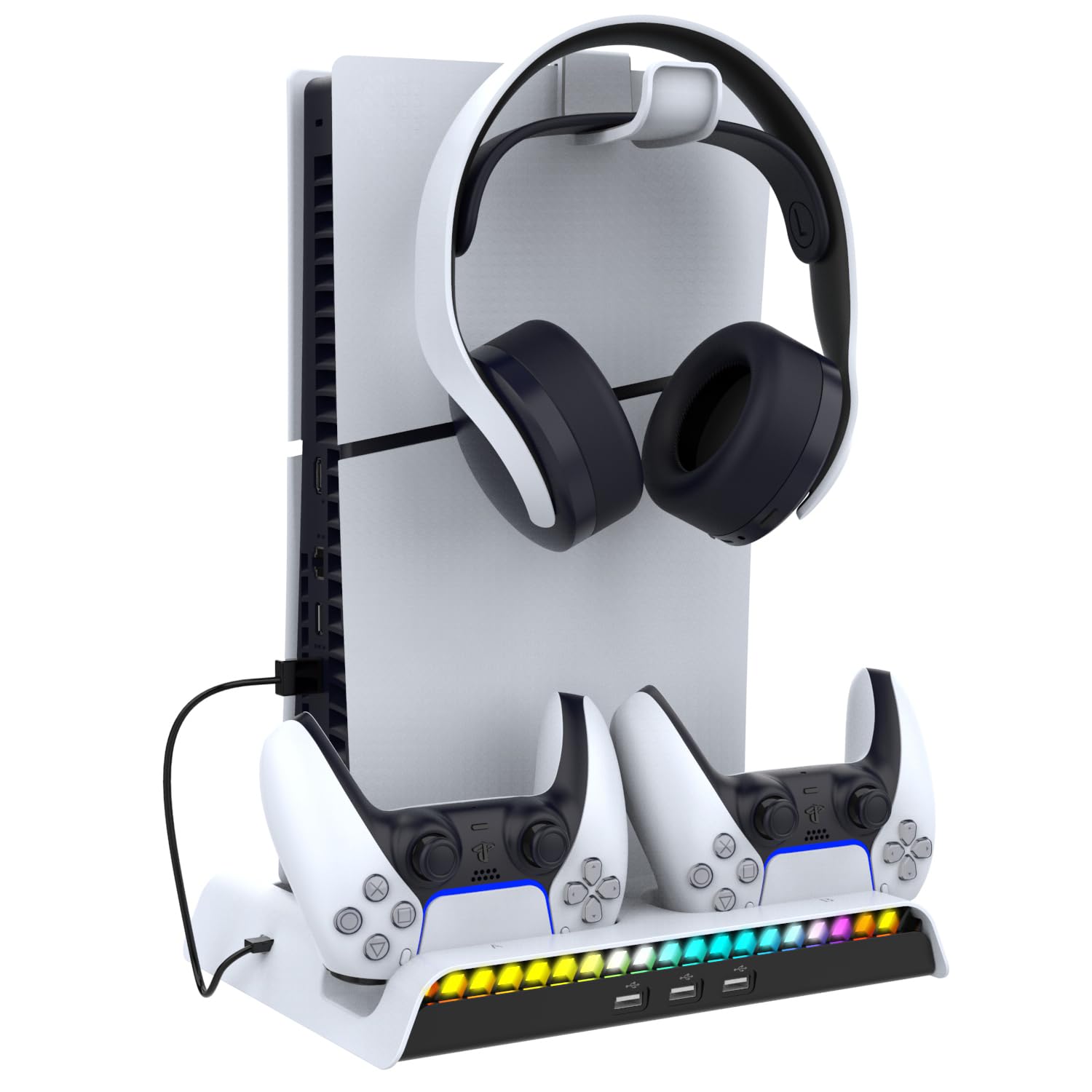 Estación de refrigeración la Consola para PS5 Pro /PS5 Slim Digital/Disc, estación de refrigeración y Carga con Ventilador de 3 Niveles Cargador de Mando con Soporte para Auriculares
