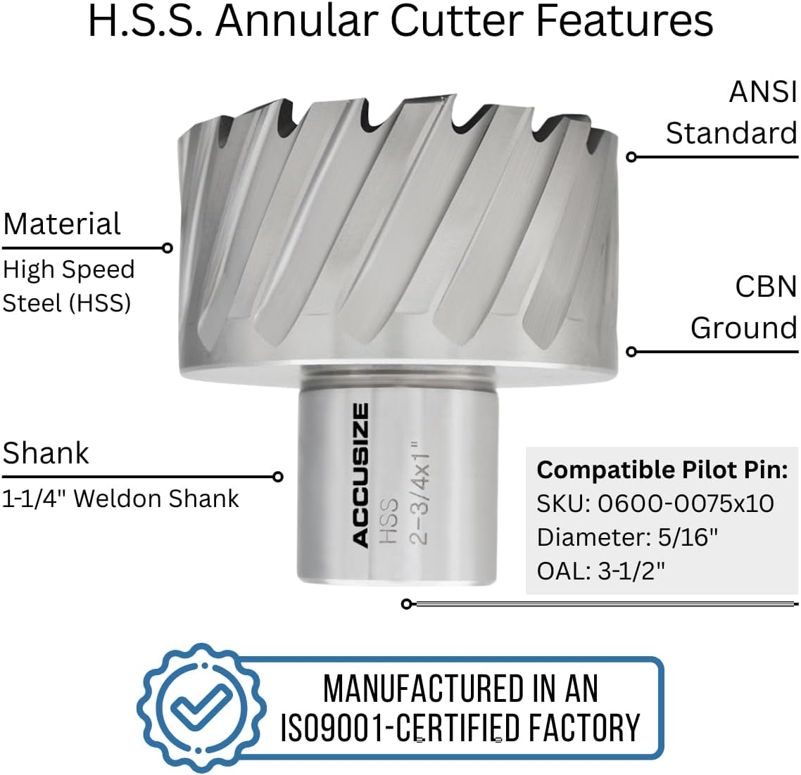 Accusize Industrial Tools H.S.S. Annular Cutter, 2-3/4" Dia, 1" Cutting Depth, 1-1/4" Weldon Shank, ANSI Standard, 2080-2049