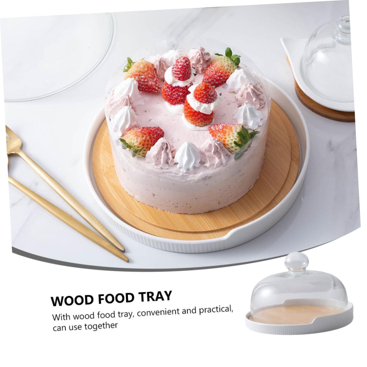 Alzata per Torta Rotante Design Semplice e Stile Elegante per Uso Domestico in Legno con Vassoio in Ceramica e Vetro Trasparente, Copertura con Manico, Set 1 Pezzo