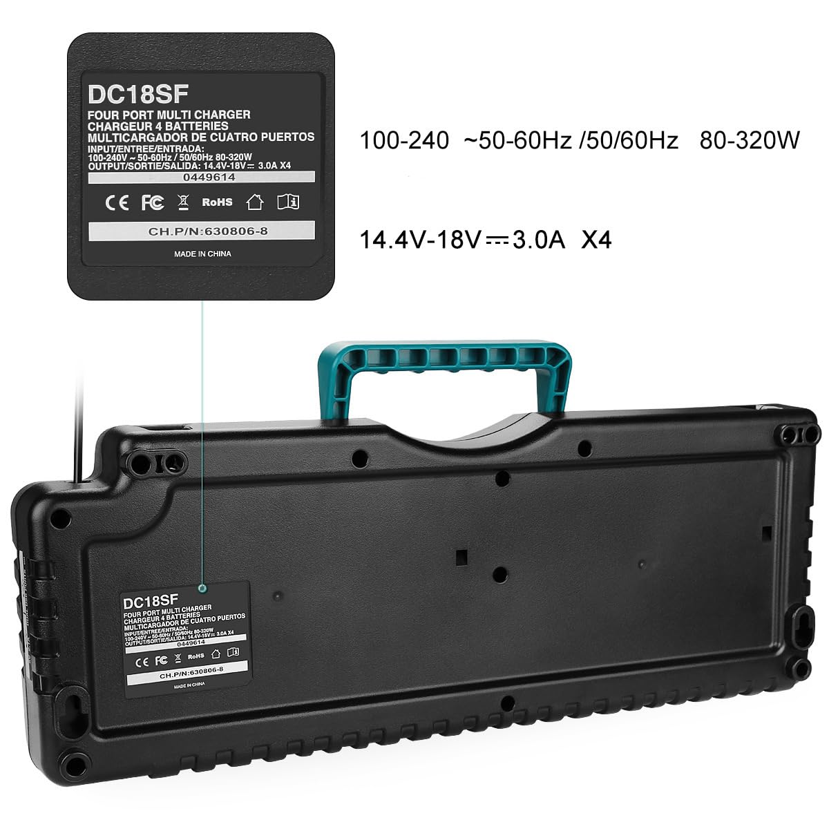 4-Port 18V Lithium-Ionen Ladegerät DC18SF für Makita 14.4V-18V Lithium Akku BL1830 BL1840 BL1850 BL1860 BL1815 BL1430, für Makita DC18SF DC18RC DC18RD DC18RA Schnellladegerät
